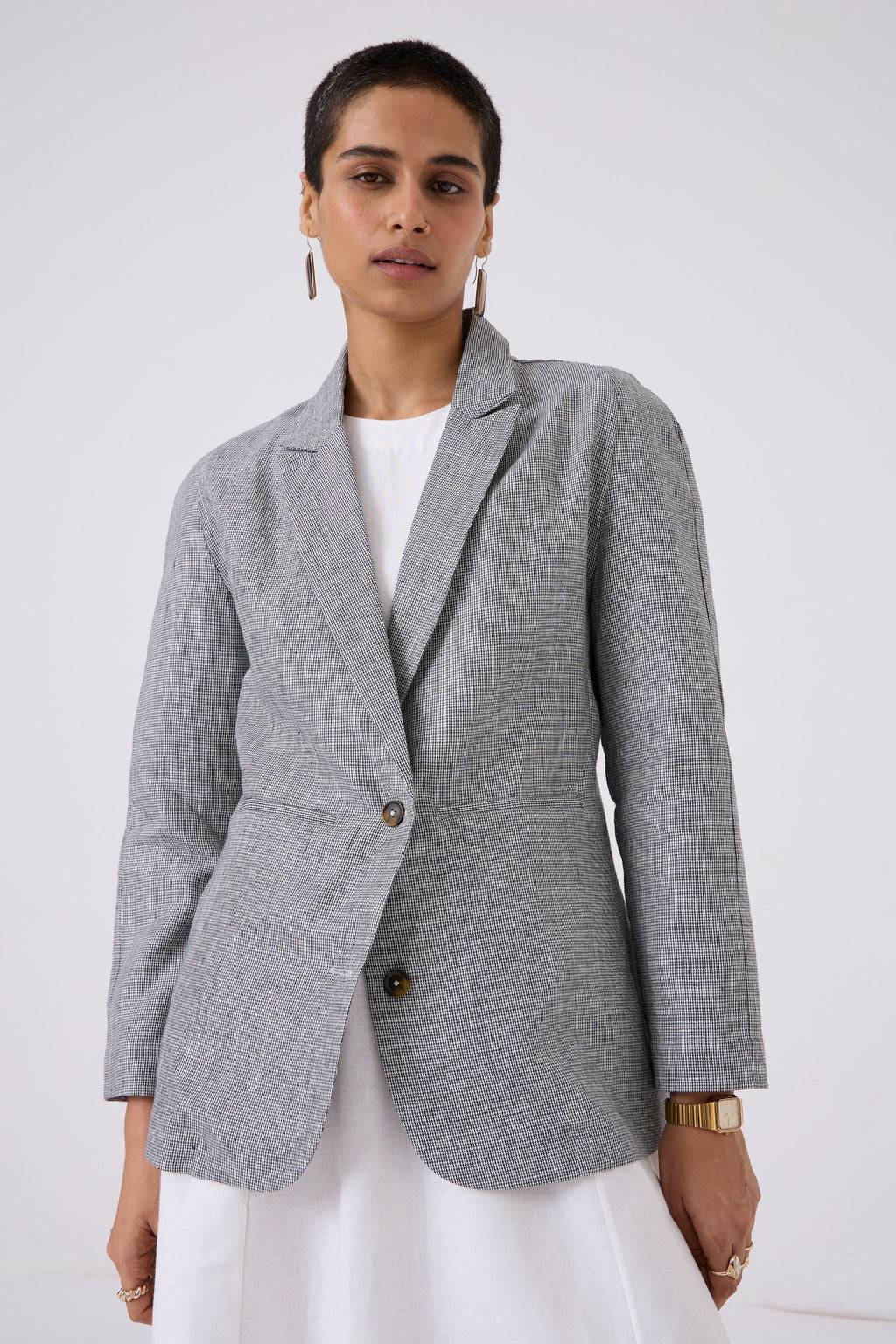 Salak White Black Houndstooth Linen Smart Workwear Blazer – The