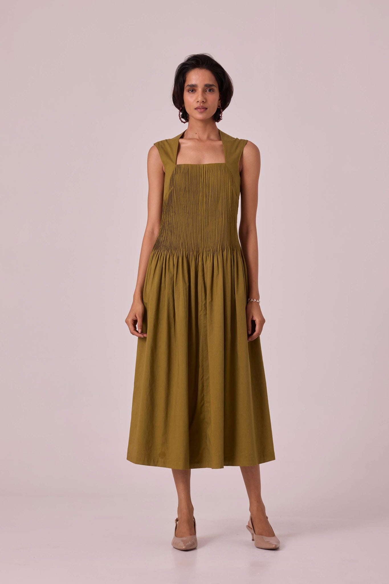 Ziva Olive Pleated Midi Dress