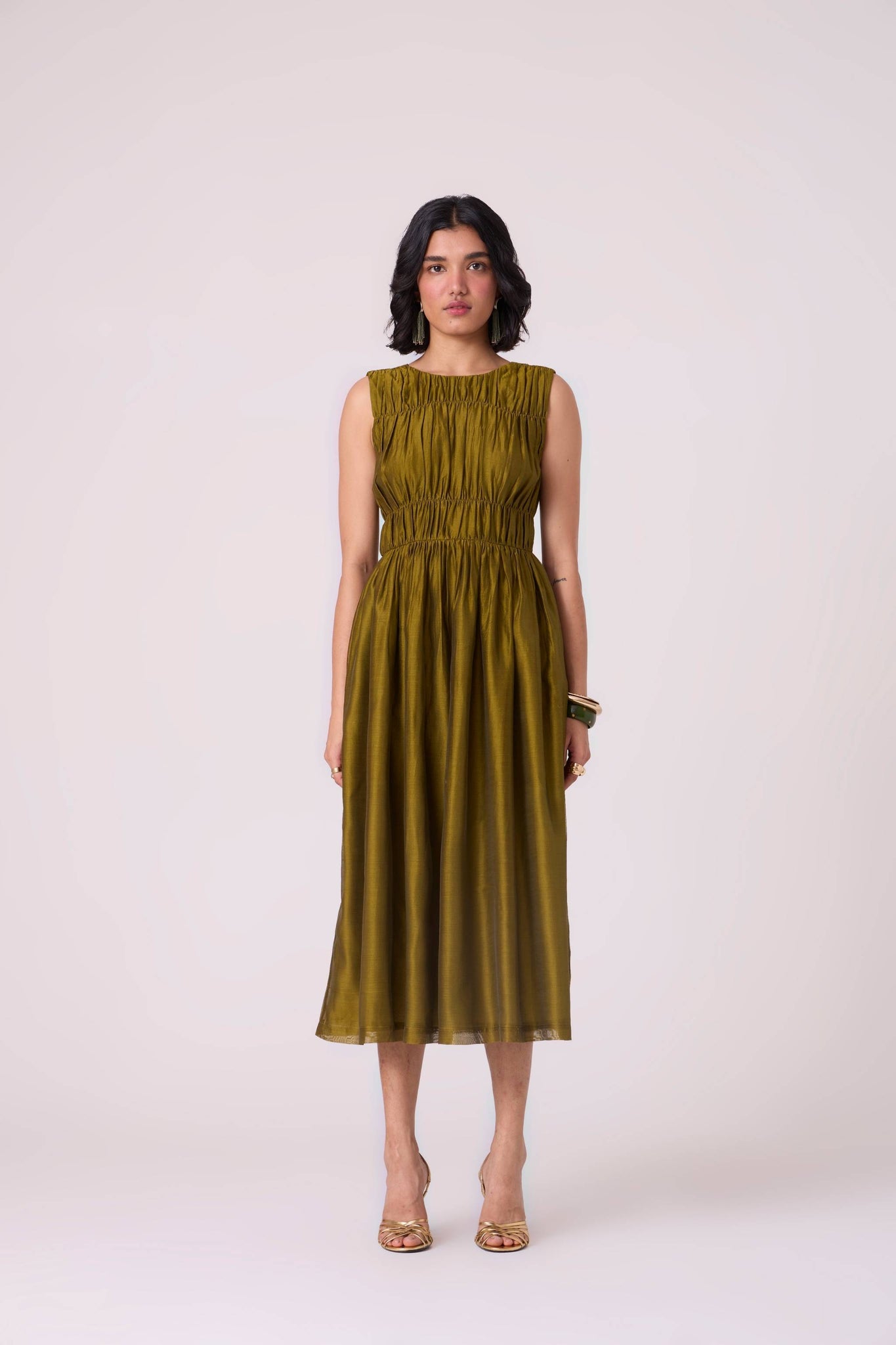 Timur Green Handwoven Ruched Dress