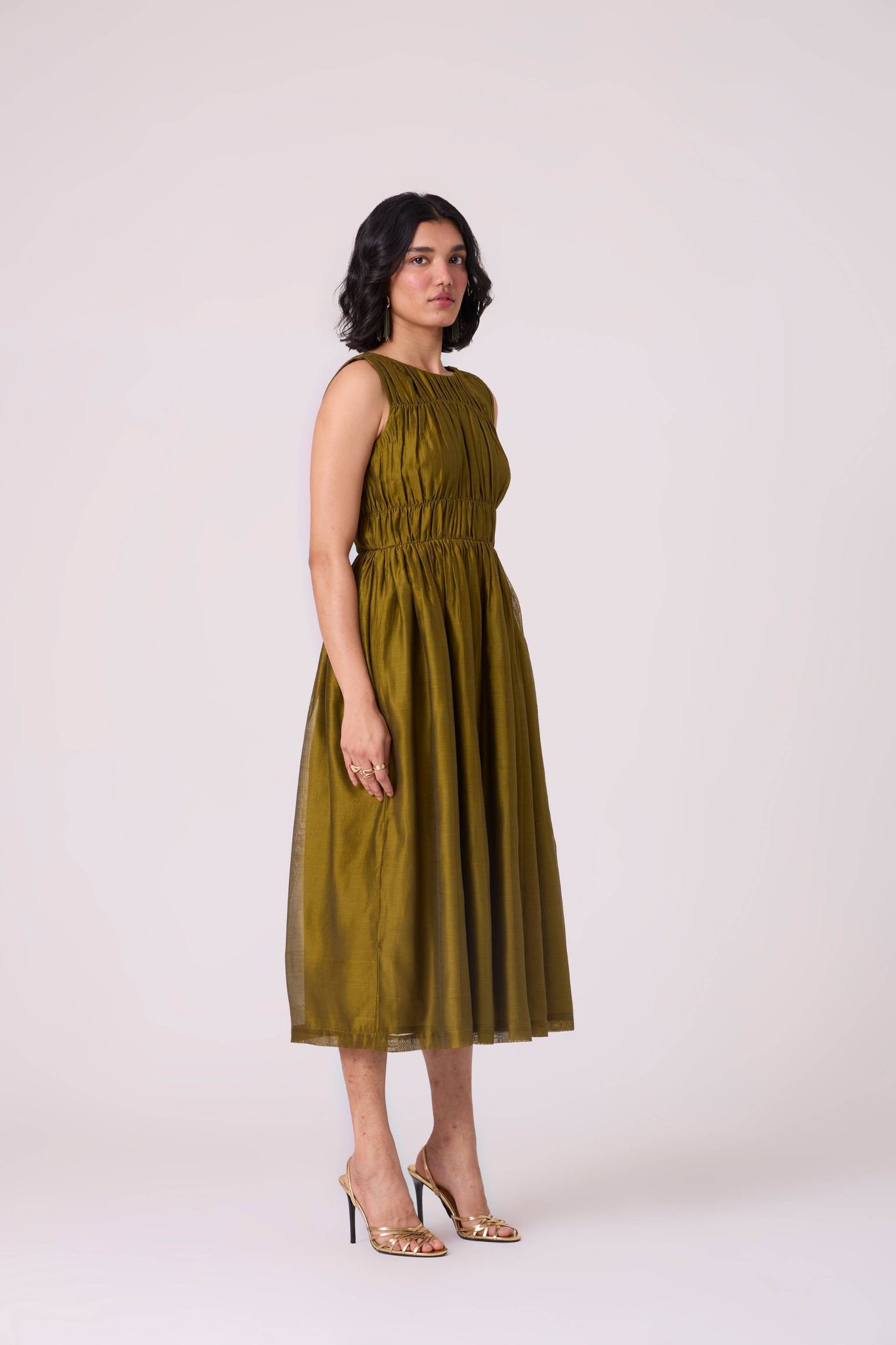 Timur Green Handwoven Ruched Dress