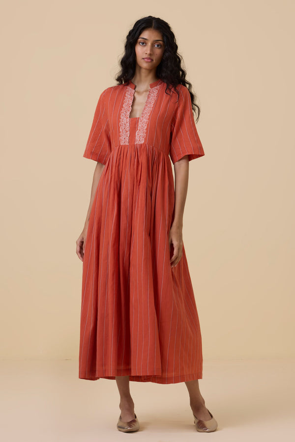 Sabah Orange Cotton Midi Dress