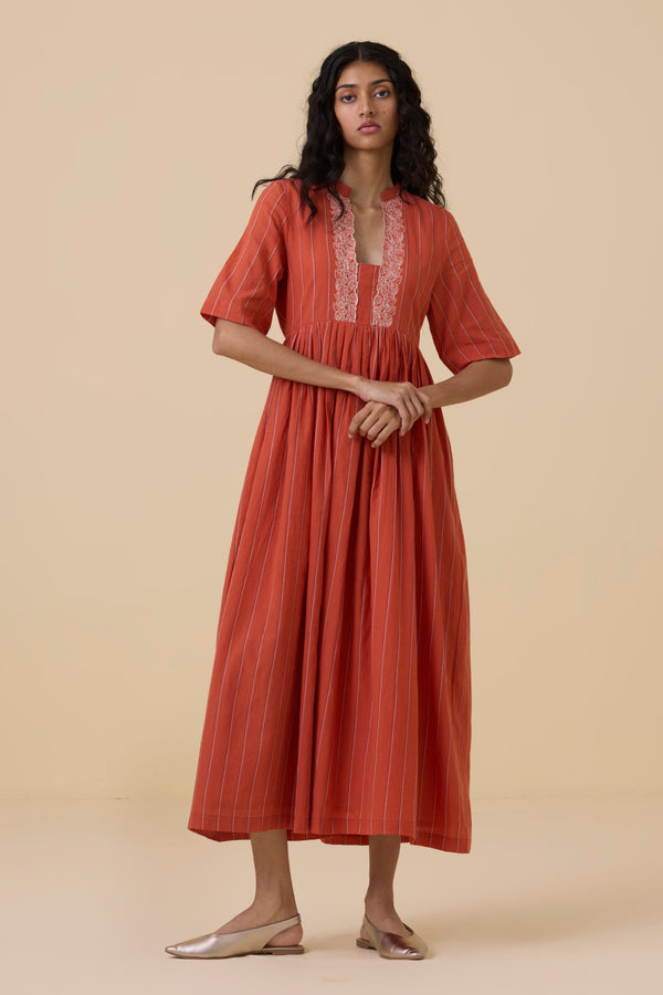 Sabah Orange Cotton Midi Dress