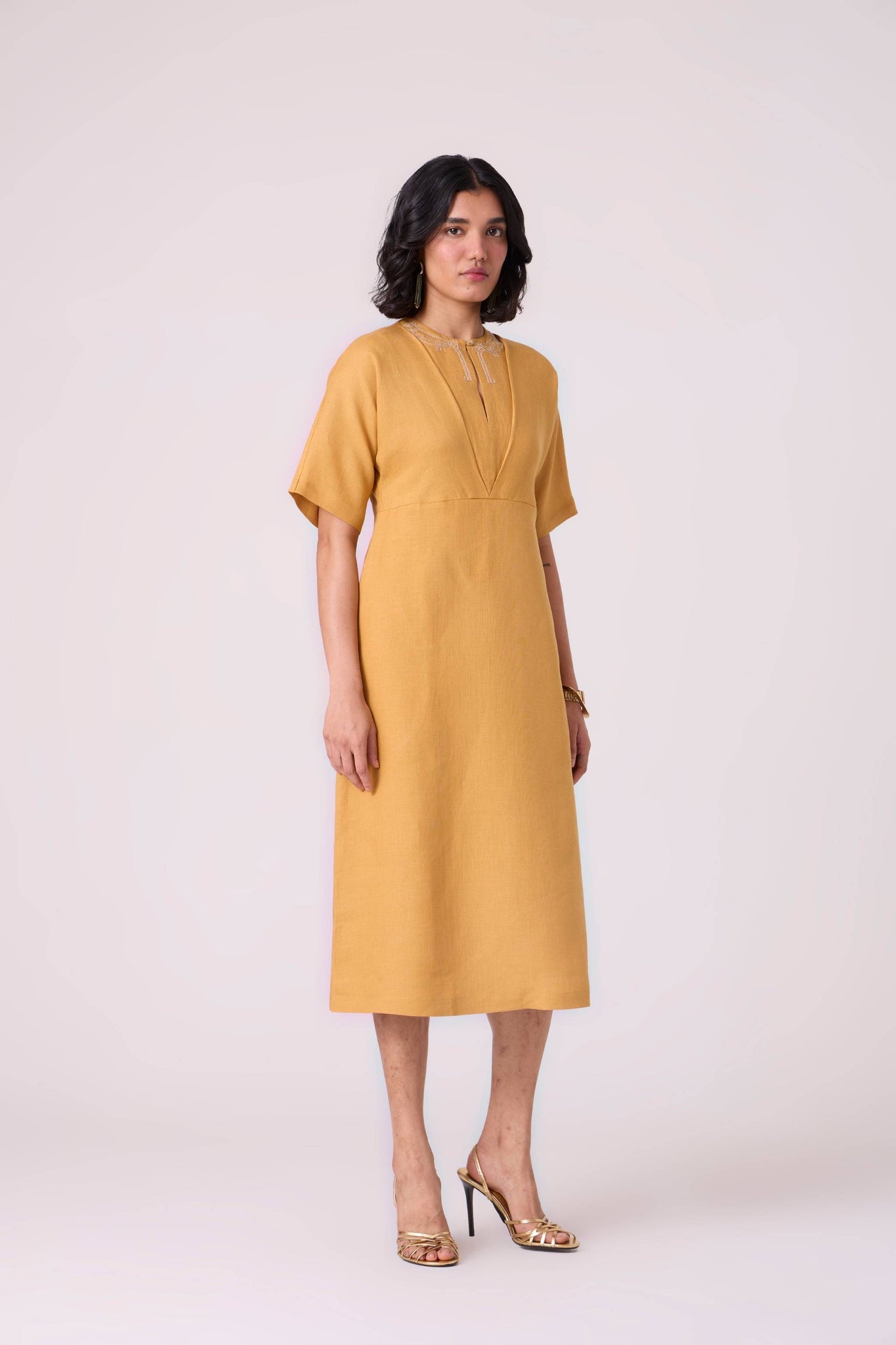 Yarina Yellow Linen Embroidered Dress
