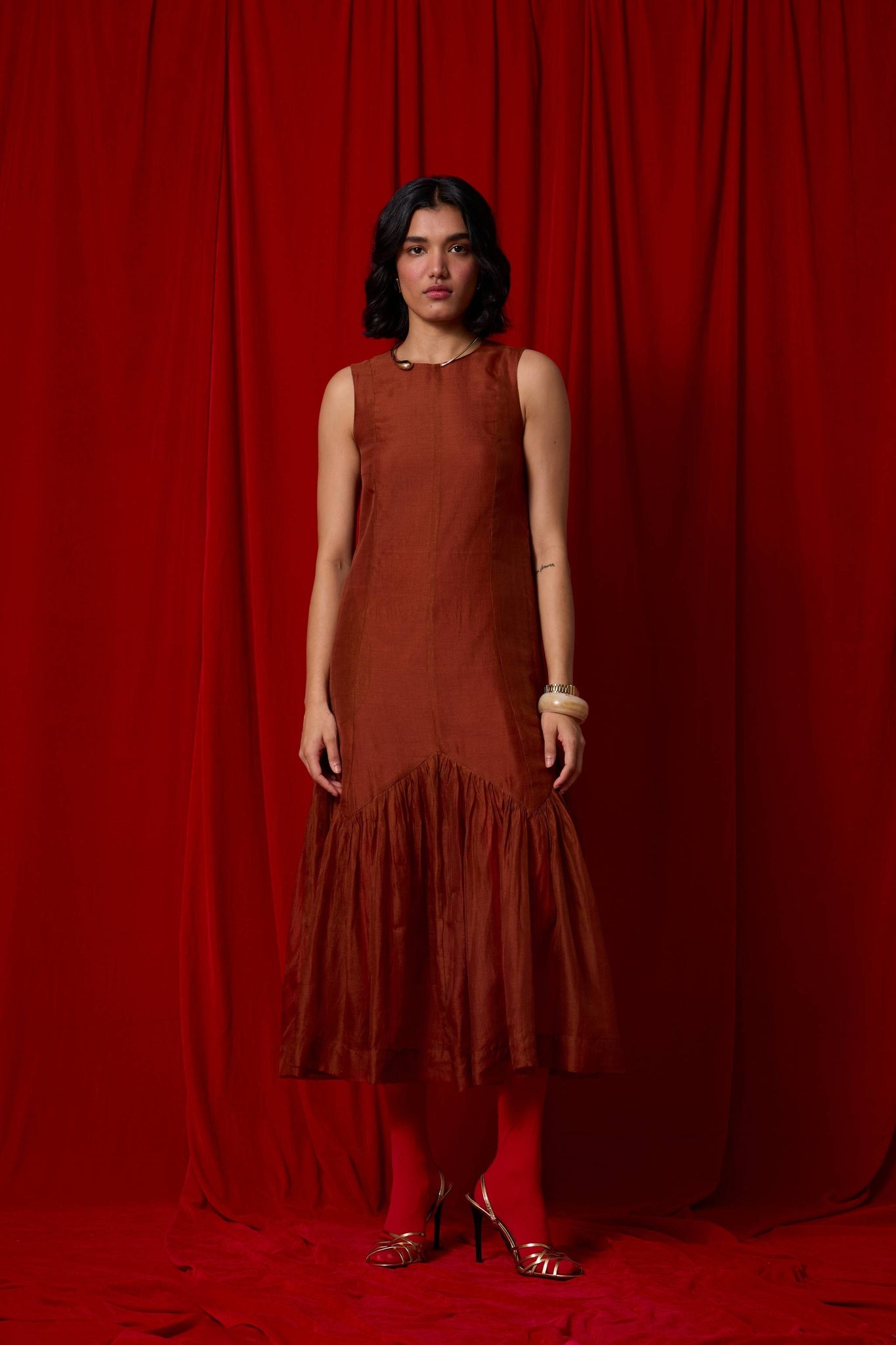 Nadya Copper Handwoven Panelled Dress