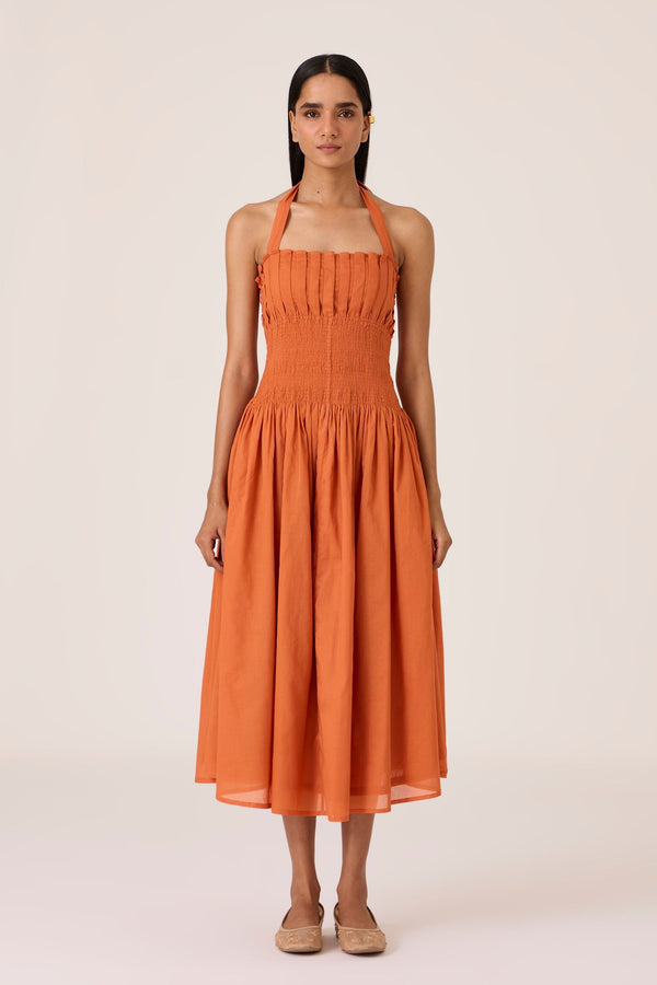 Aisha Apricot Pleated Midi Dress