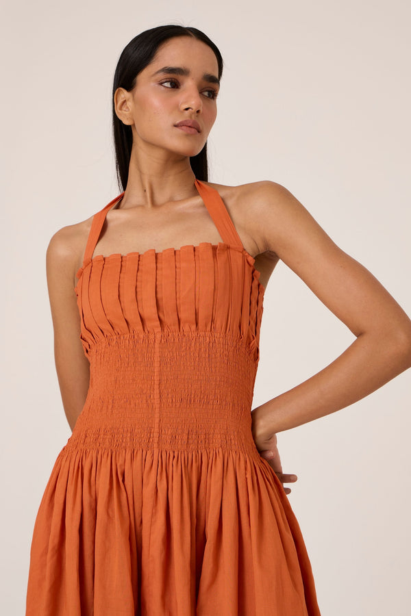 Aisha Apricot Pleated Midi Dress