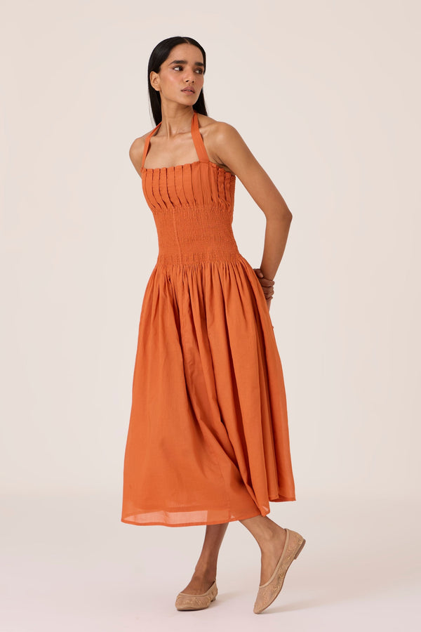 Aisha Apricot Pleated Midi Dress