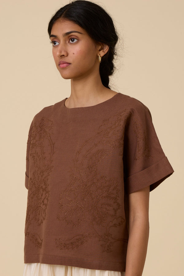 Affan Brown Embroidered Top