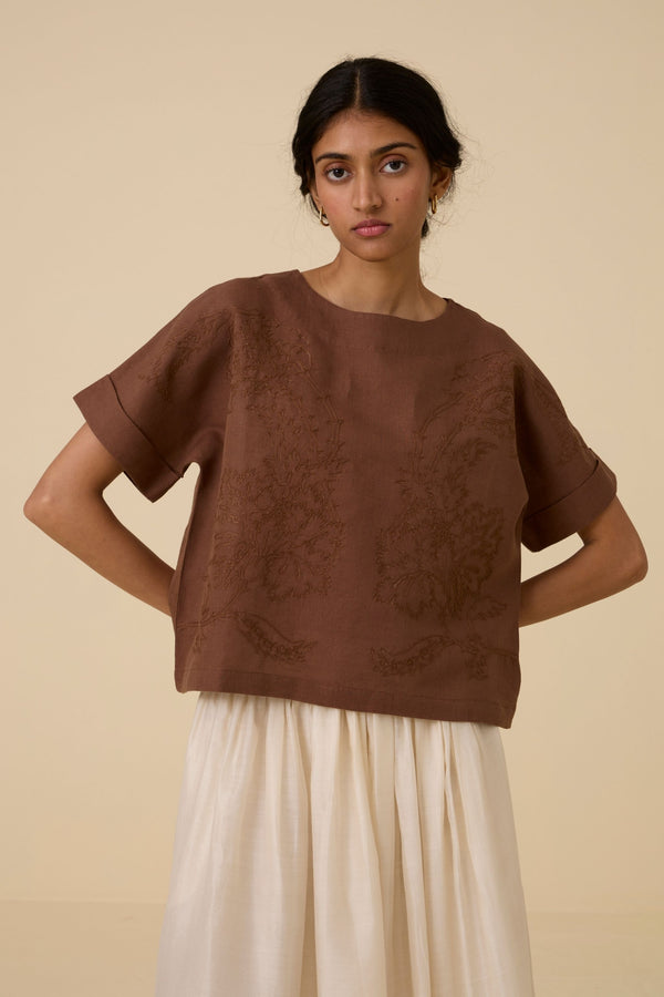 Affan Brown Embroidered Top