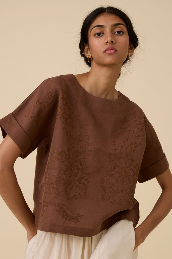 Affan Brown Embroidered Top