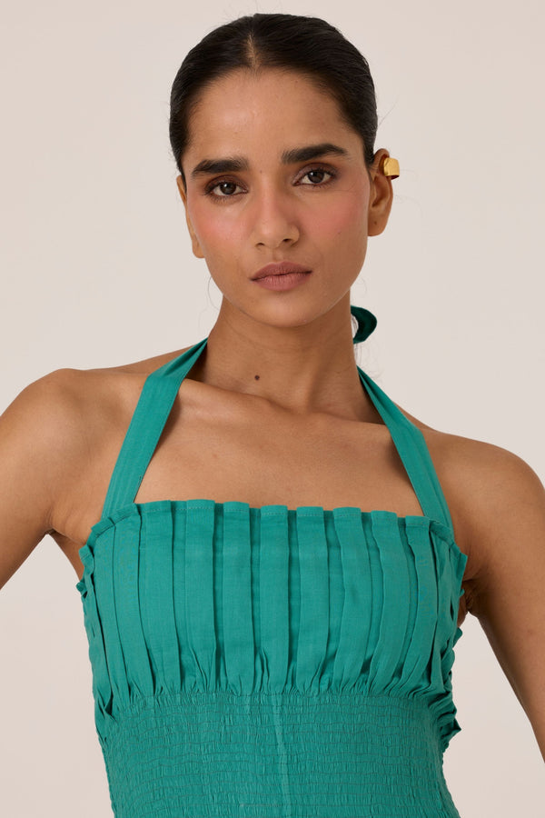 Aisha Cyan Pleated Midi Dress