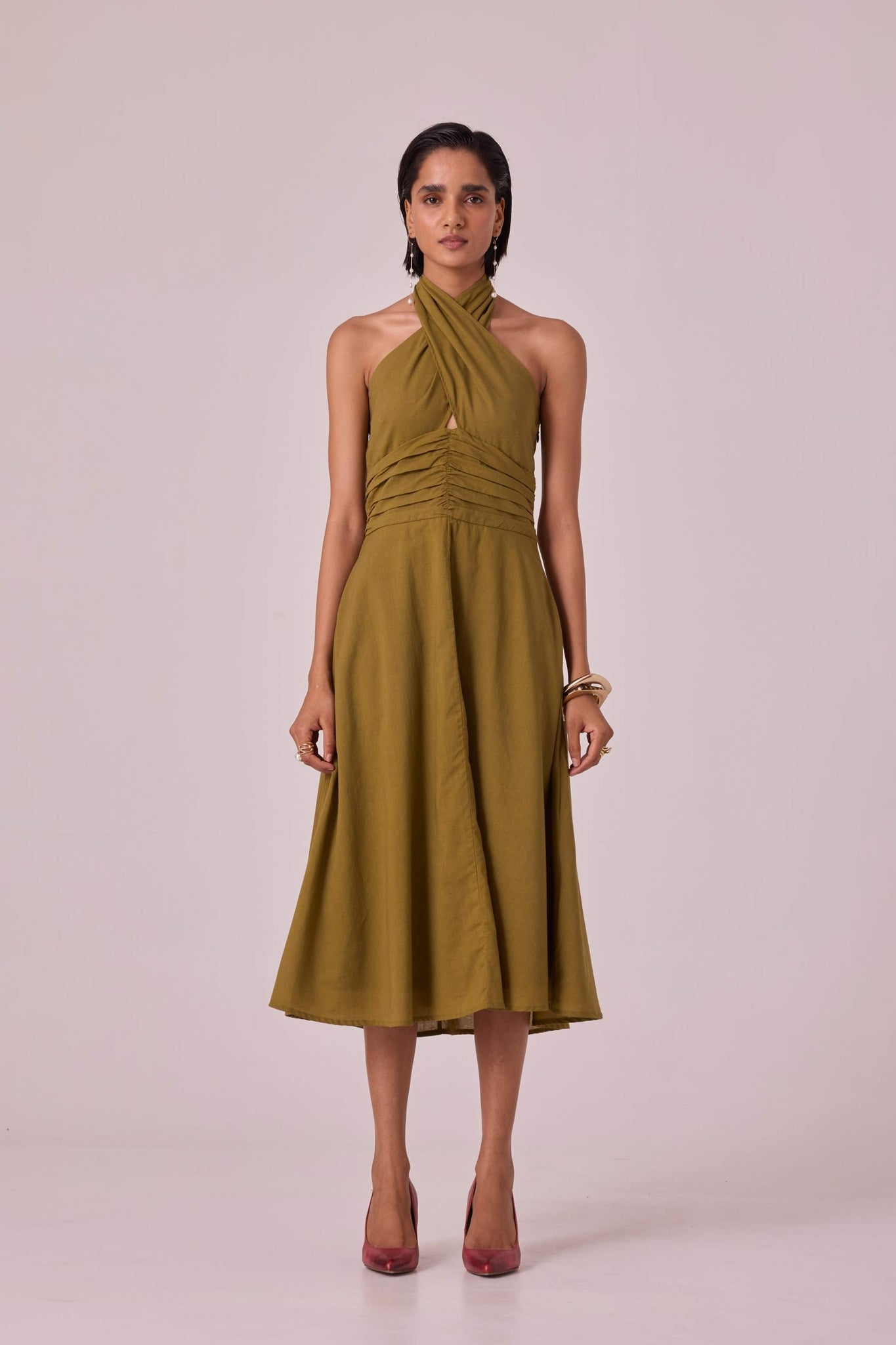 Samaria Olive Halter Dress