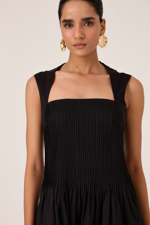 Ziva Black Pleated Midi Dress