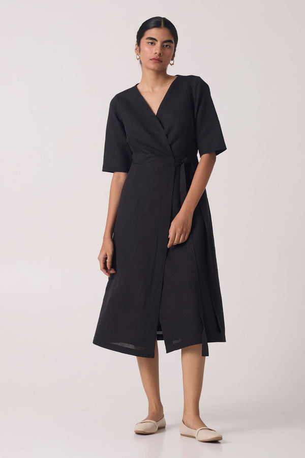 Arandi Black Wrap Dress with Sleeves