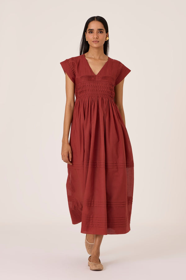 Aelia Umber Pleated Midi Dress