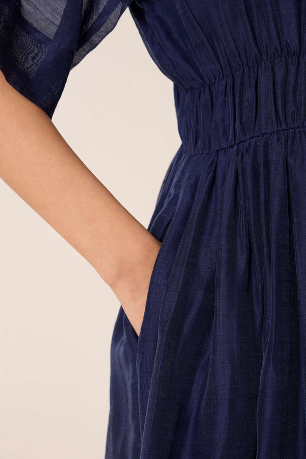 Arha Navy Ruched Handwoven Dress