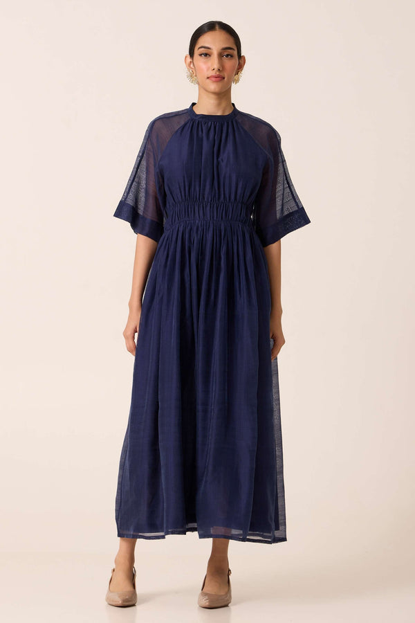 Arha Navy Ruched Handwoven Dress