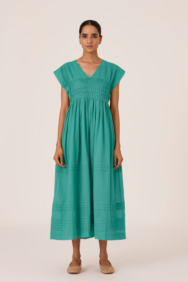 Aelia Cyan Pleated Midi Dress