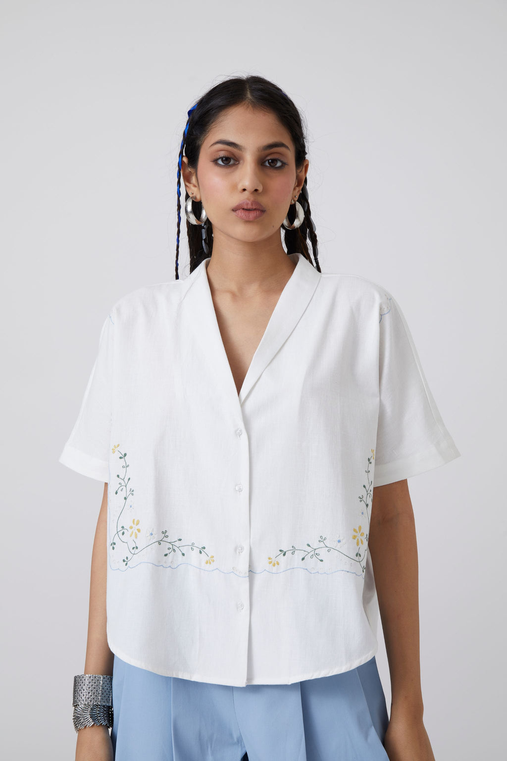 Dua sustainable khadi cotton hand embroidered white shirt the summer