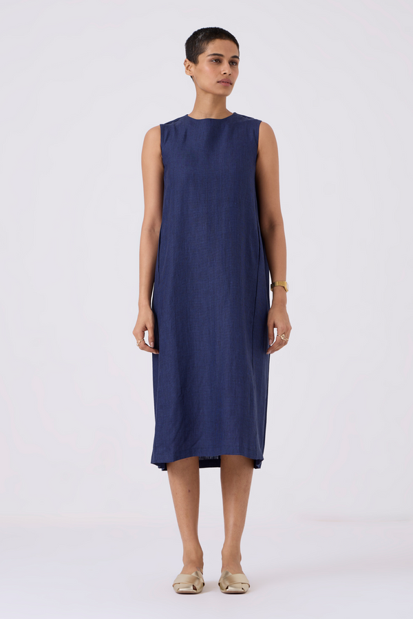 Noj Indigo Weave Linen Midi Dress