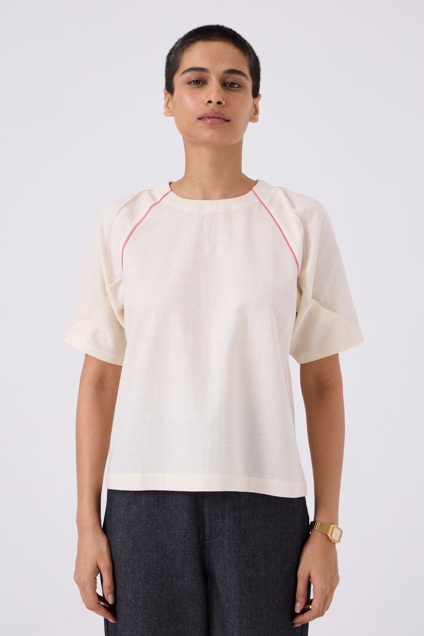 Loto Ivory Khadi Top With Statement Sleeve