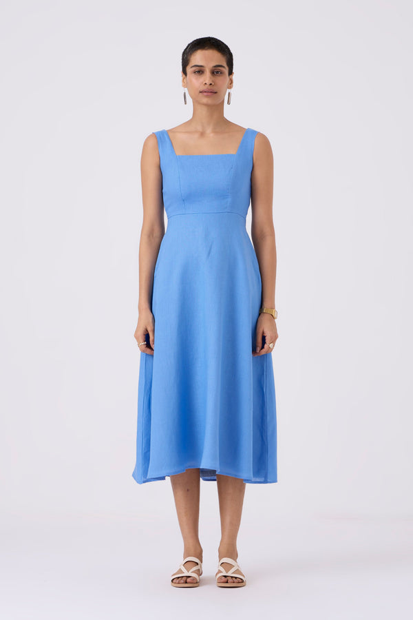 Urmi Linen Cornflower Blue Fit-Flare Dress