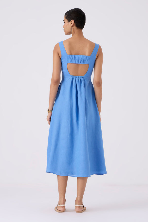 Urmi Linen Cornflower Blue Fit-Flare Dress
