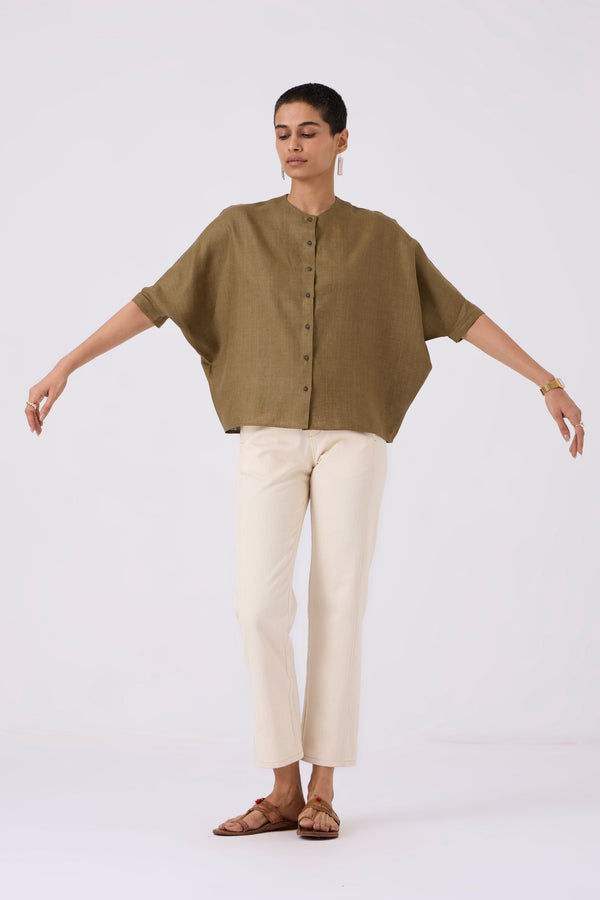 Olive Linen Dolman Sleeve Shirt