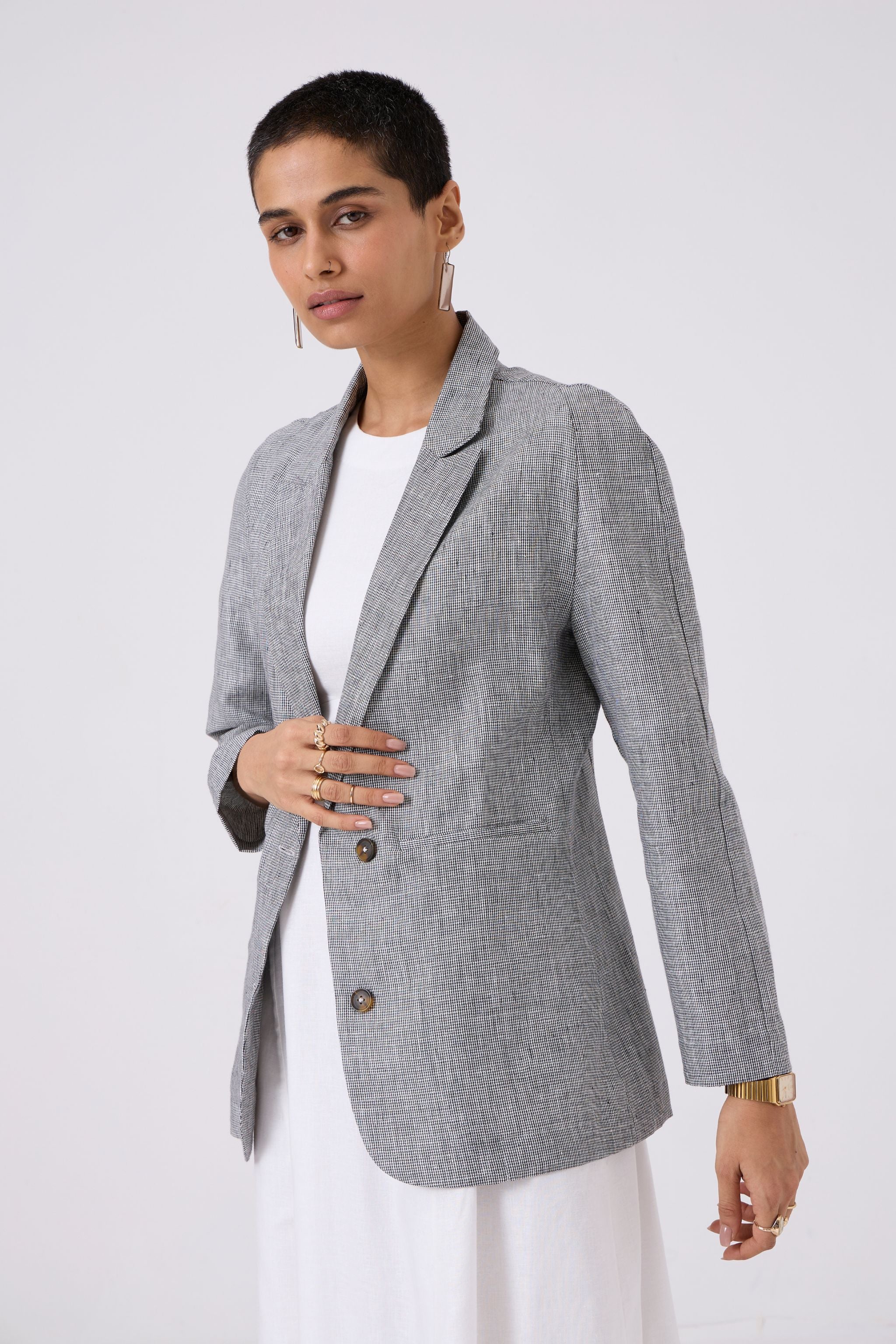Salak White Black Houndstooth Linen Smart Workwear Blazer The Summer House